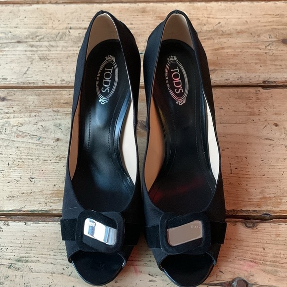 Tods Womens Classic Pump Heel Black Suede Embellished Slip On High Peep … - Picture 4 of 11